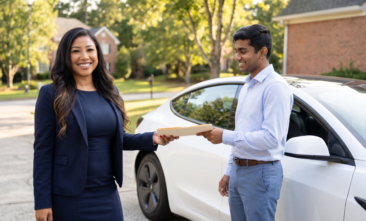 Carmella Larkins helping a new car owner with auto insurance in Roswell, GA