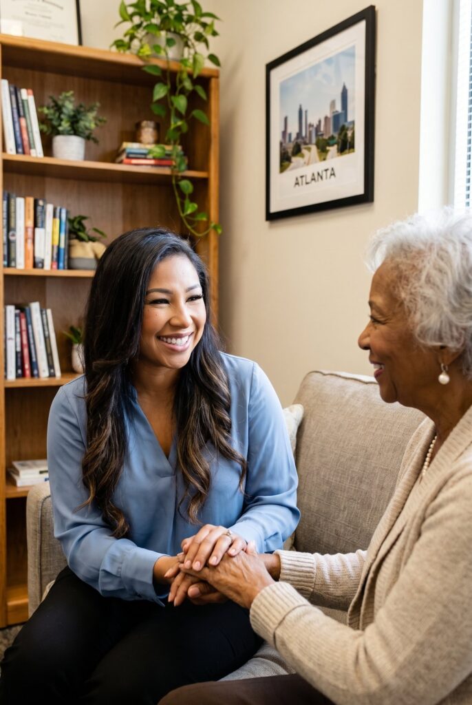Carmella Larkins reassuring a longtime client in her office