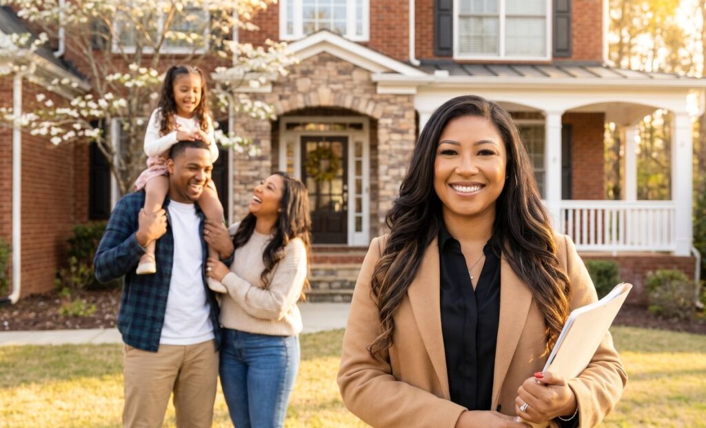 Carmella Larkins with a family at their new home in Alpharetta, GA