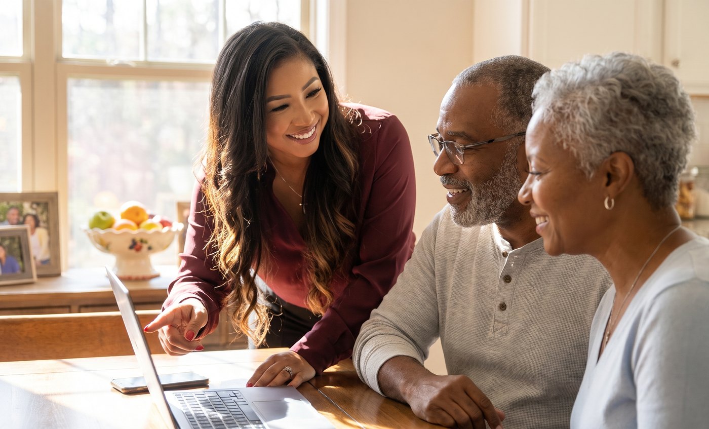 Carmella Larkins reviewing life insurance with a couple at their kitchen table