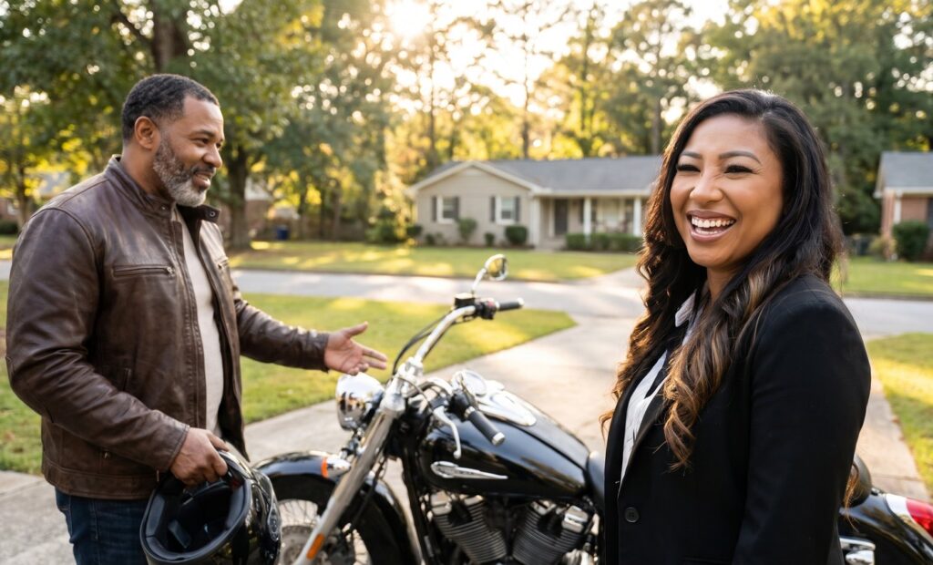 Carmella Larkins with a motorcycle owner in Georgia