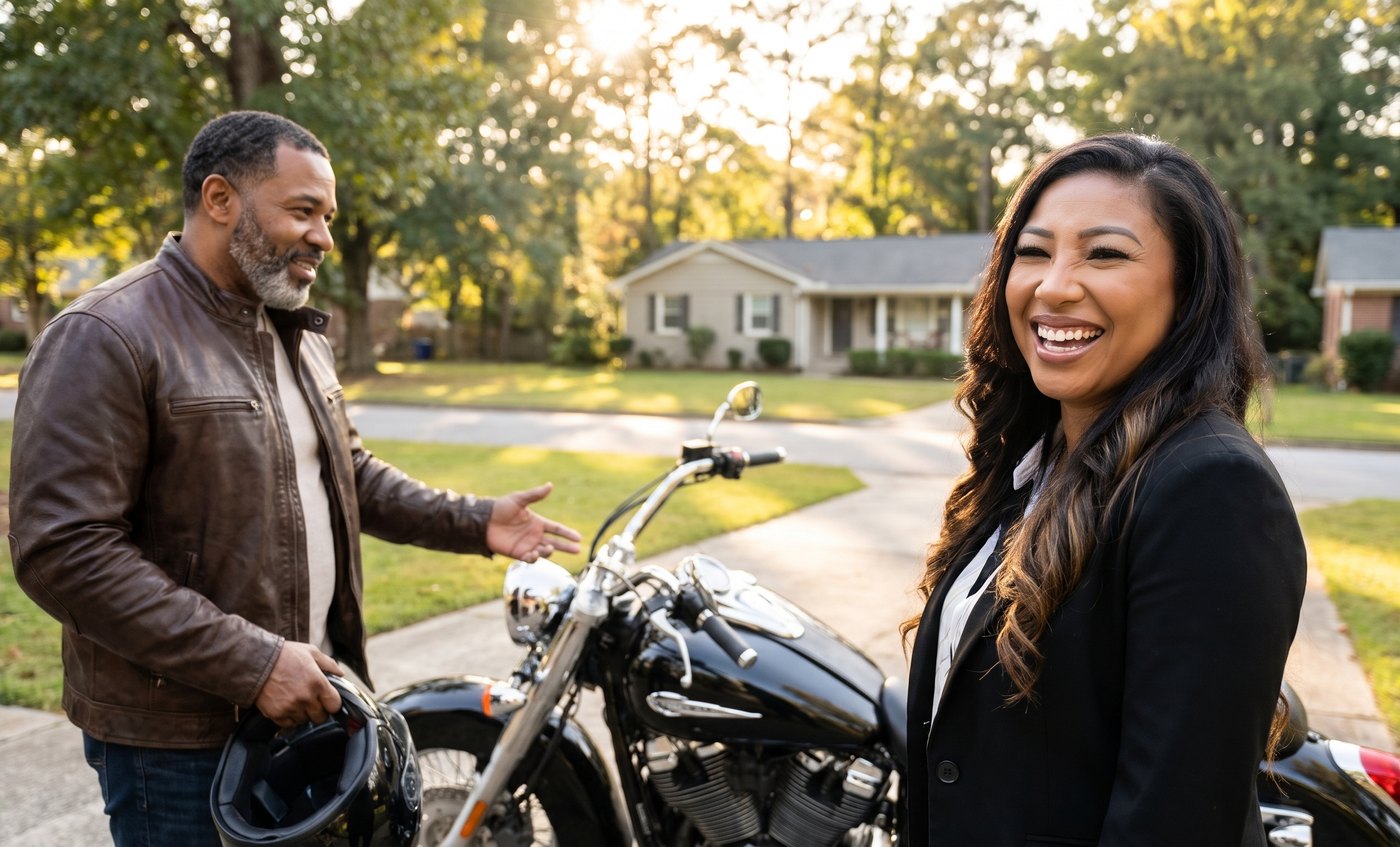 Carmella Larkins with a motorcycle owner in Georgia
